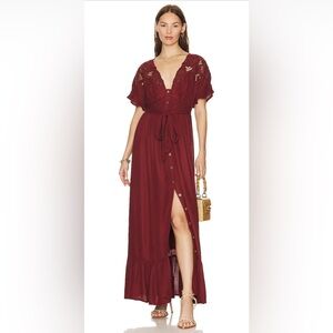 Free People Embroidered Button Down Maxi Dress Cinnamon Brown NWT Small